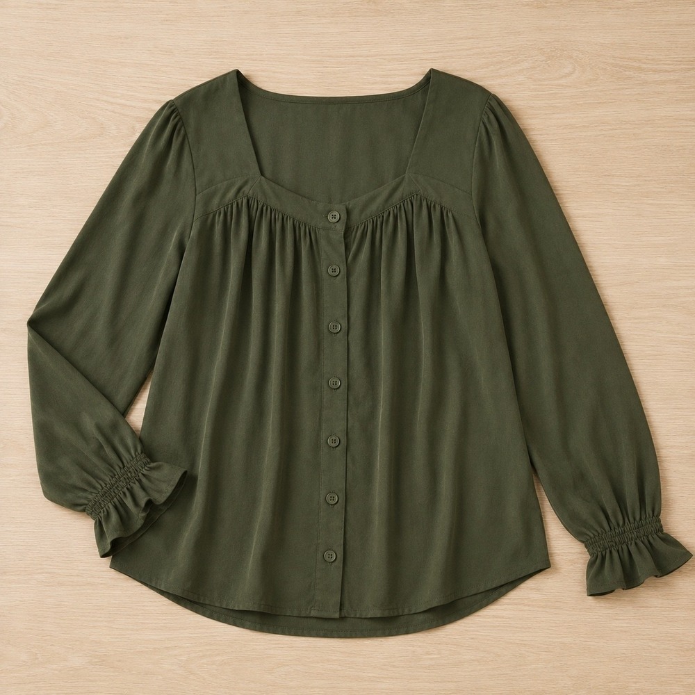 Time and Tru Maternity Olive Green Square Neck Button Front Blouse Smocked M